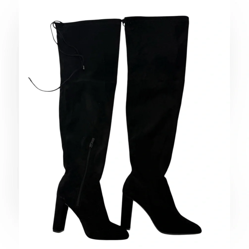 Black Faux Suede Over-the-Knee Block Heel Boots Zipper & Adjustable Tie Thighs
